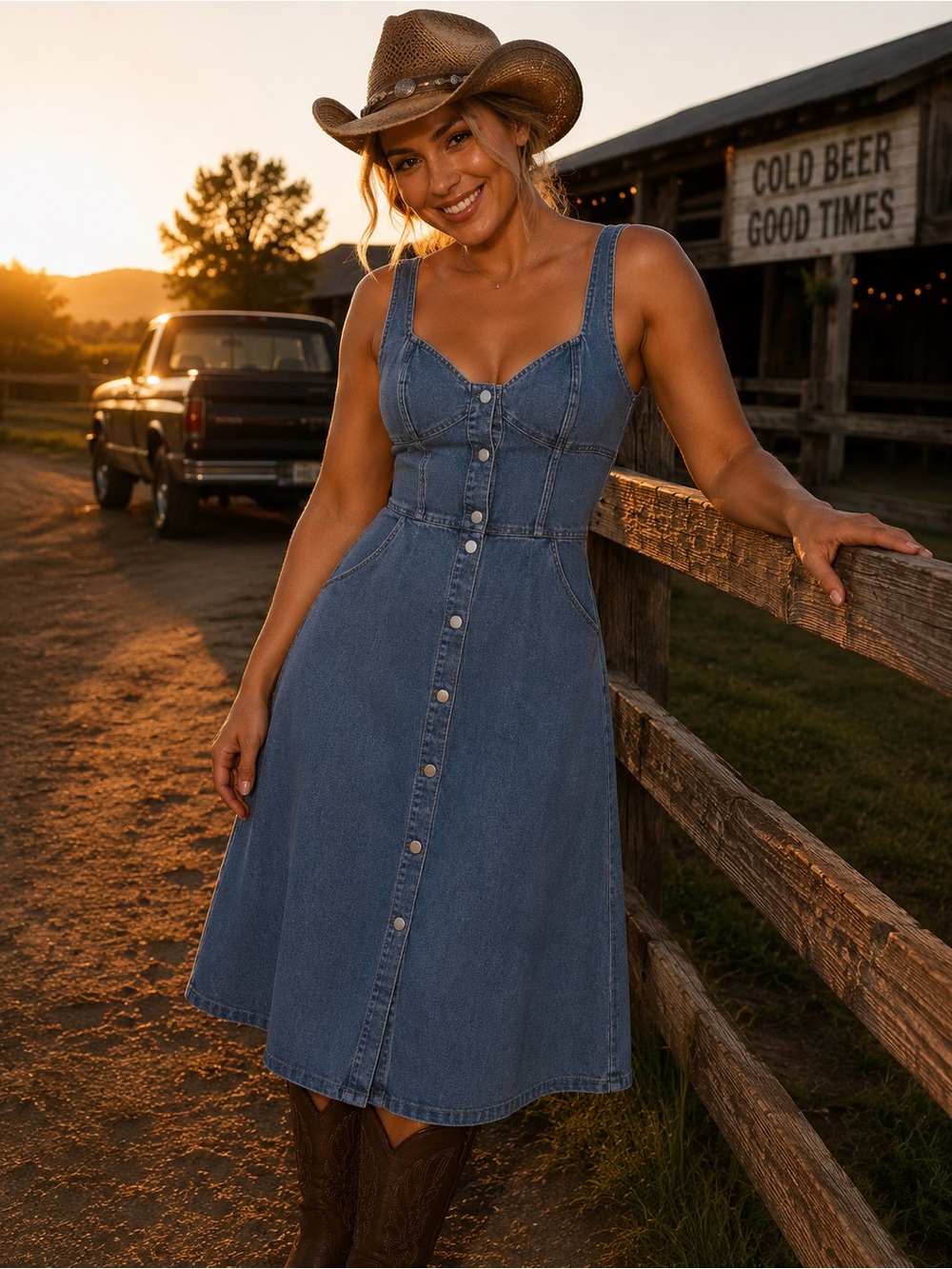 Timing Light Denim Button-Front Midi Dress